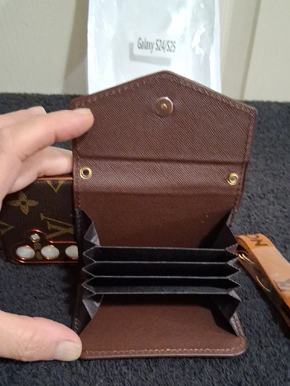 Luxury Brown Faux Leather Monogram Wallet Phone Case -Nylon Strap-Galaxy S24/S25